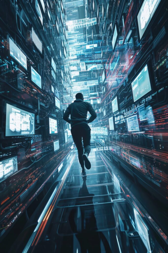 Man Is Running Through Room Full Televisions This Image Can Be Used Depict Fastpaced Nature Technology Media Consumption