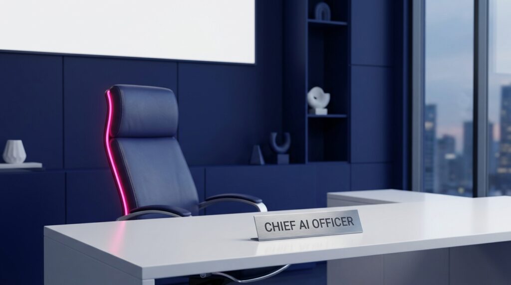 Empty Executive Chair Behind A Desk With A Slightly Askew Nameplate Reading Chief Ai Officer, Deep Navy With A Magenta Accent Light