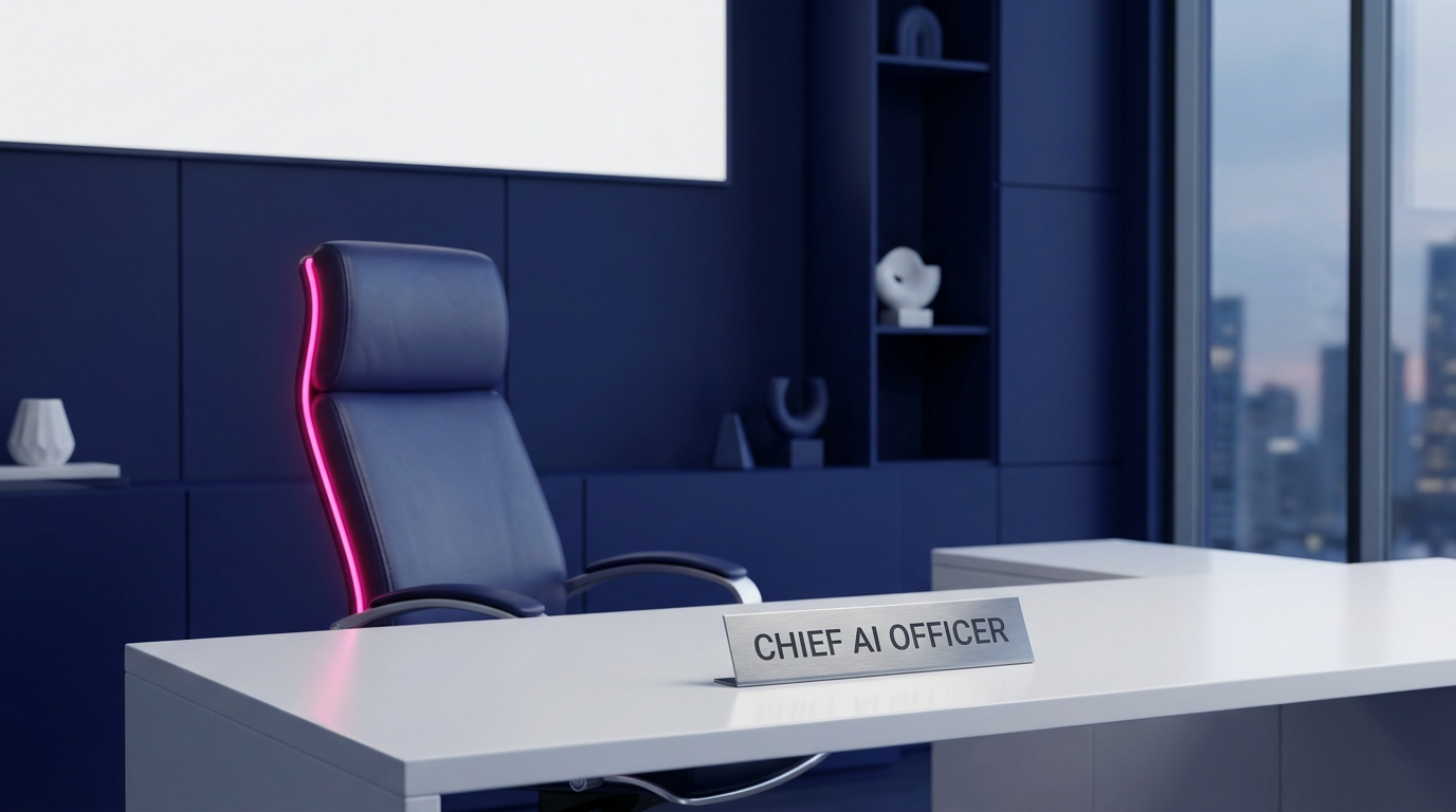 Empty Executive Chair Behind A Desk With A Slightly Askew Nameplate Reading Chief Ai Officer, Deep Navy With A Magenta Accent Light